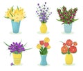 Spring vector illustration of flowers in vases.
